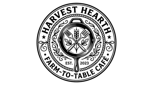 Vintage style round logo for farm to table cafe featuring a cast iron skillet.