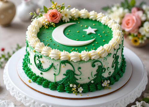 AI Generated Pakistan Independence Day Cake with Crescent and Star