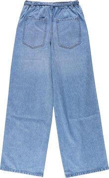 Back view of light blue wide leg denim pants isolated on transparent background for ecommerce