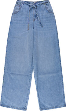 Front view of light blue wide leg denim pants isolated on transparent background for ecommerce