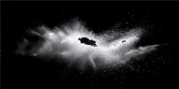Explosive burst white powder particles in mid-air creating dramatic chaotic cloud against stark black background. Dynamic abstract representation.