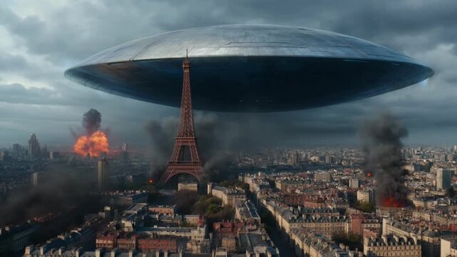 Giant Ufo Hovering Over Eiffel Tower With Destruction And Smoke In Paris Cityscape Aerial View Video clip