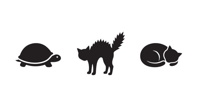 Turtle scared cat and sleeping cat animal icon set