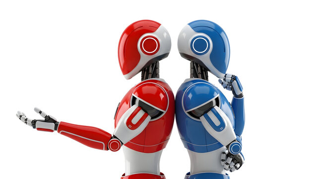Red and blue humanoid robots standing back to back