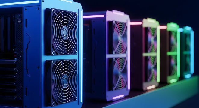 Cryptocurrency mining rig server farm with colorful neon lights