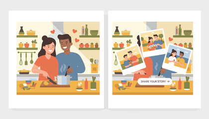 Fototapeta premium Social media frames showing a couple cooking in the kitchen and sharing memories through polaroid photos.
