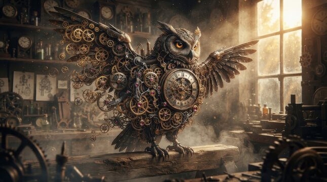 Steampunk mechanical owl in a clockmaker workshop