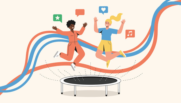 Excited young women jump on a trampoline with colorful social media reaction bubbles representing online engagement.