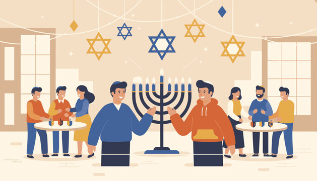 Jewish community celebrates Hanukkah together with traditional menorah lighting and dreidels in festive room.