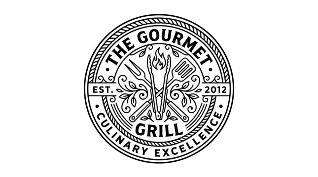 Vintage style logo for The Gourmet Grill restaurant established in 2012.