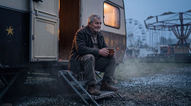 &Auml;lterer Schausteller sitzt in der Untersicht mit Kaffeetasse auf den Wohnwagenstufen am nebligen Jahrmarkt