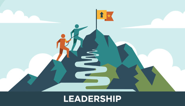 Leaders guide team members up a steep mountain slope towards a flag of success, symbolizing effective teamwork and leadership.