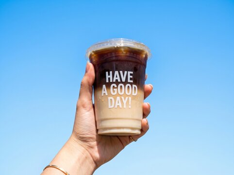 Hand holding iced coffee with have a good day message against blue sky, positive