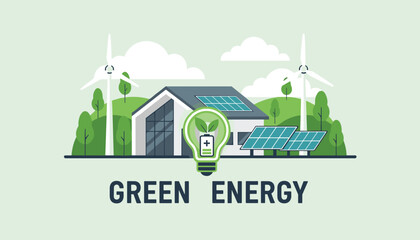 Obraz premium Modern eco friendly home is powered by green energy from solar panels, wind turbines, and smart battery storage.