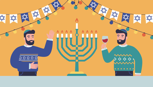 Two happy Jewish men wearing kippah celebrate Hanukkah next to a lit menorah with colorful star garland in the background.