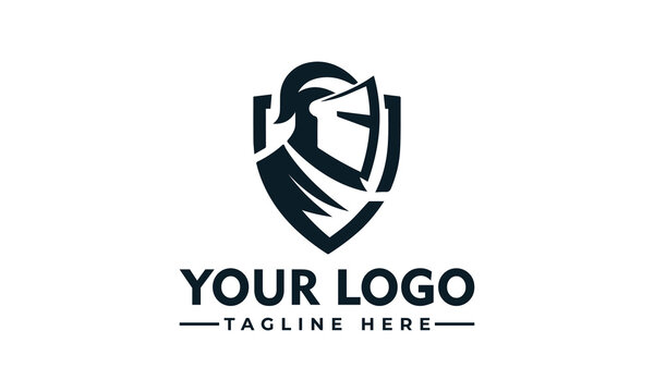 Medieval knight mascot logo design with shield and helmet silhouette for branding identity