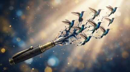 Obraz premium Fountain pen transforming into flying hummingbirds