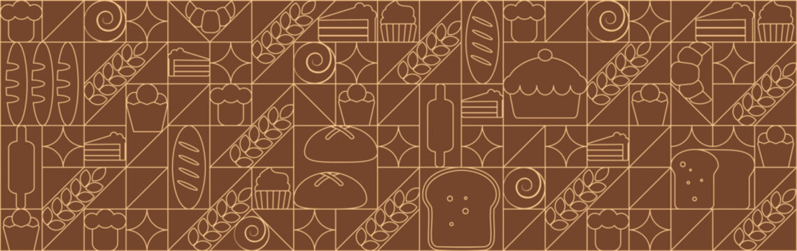 Bread and pastries background. Abstract bakery menu background with line drawing. Geometric pattern bread, croissant, donut. Mosaic seamless pattern of bakery.