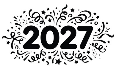 Fototapeta premium Festive black 2027 new year text surrounded by hand drawn doodle confetti ribbons and star bursts background