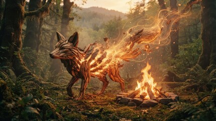 Obraz premium Wooden fox sculpture transforming into fire in forest