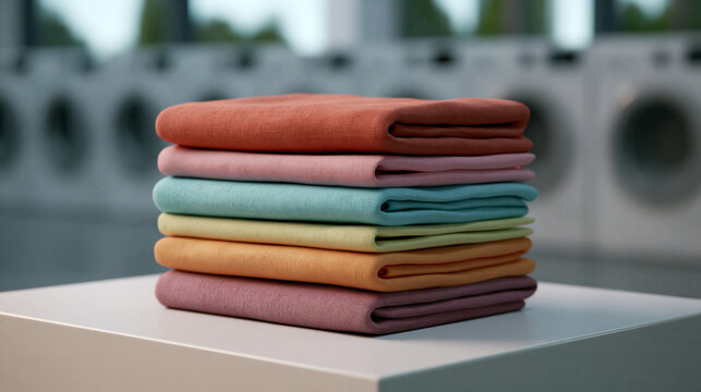 A neat stack of colorful folded laundry rests on a white table inside a laundromat. Ideal for housekeeping and laundry service advertising concepts.