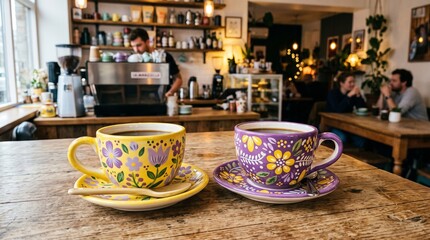 Fototapeta premium Two decorative ceramic coffee cups on a wooden table in a cafe with beverage