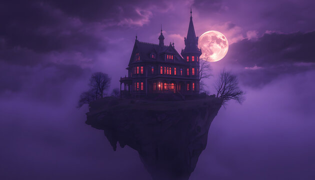 gothic victorian mansion floating on rock island in dark purple misty sky with full moon