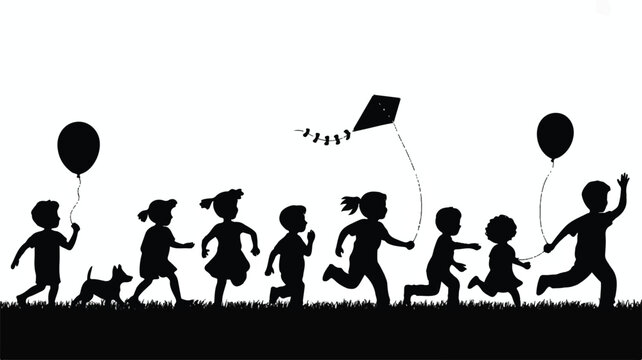 A black and white silhouette illustration of a joyful group of children playing outdoors with balloons and a kite