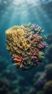 Natural sea sponge and colorful coral reef