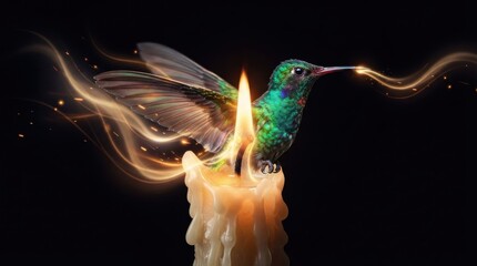 Obraz premium Hummingbird perched on a lit candle with swirling light effects