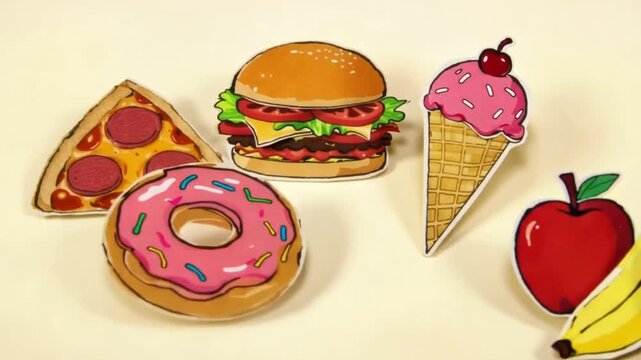 Fast food and fruit illustrations collection stickers set featuring pizza burger donut ice cream apple and banana art