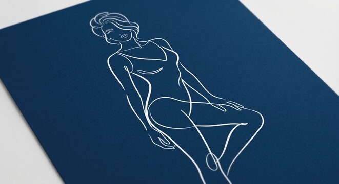 Blue line art illustration of woman seated
