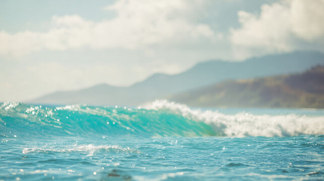 Blurry Ocean Waves Coast Mountains Turquoise Water Sky Clouds Summer Travel Nature Background Bokeh