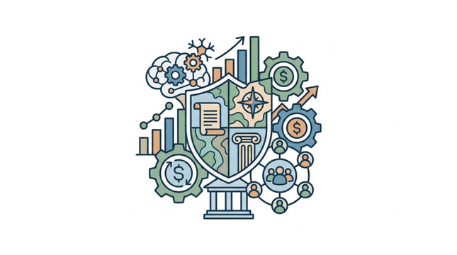 Colorful shield icon with gears and charts for business security.