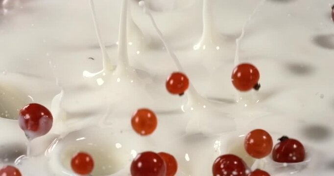 Red currants falling into milk with splashes in slow motion macro