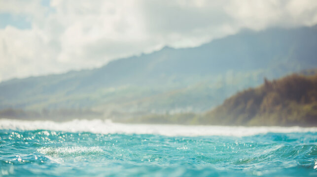 Blurry Ocean Waves Coast Mountains Turquoise Water Sky Clouds Summer Travel Nature Background Bokeh