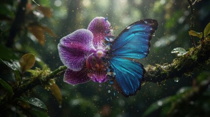 Fototapeta premium Hybrid orchid flower merging with blue butterfly wing in rainforest