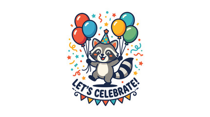 Fototapeta premium Cute cartoon raccoon celebrating with colorful party balloons and festive decorations.