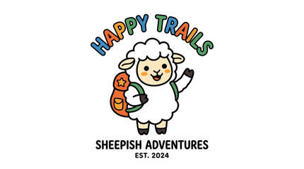 Fototapeta premium Cute cartoon sheep character wearing a backpack hiking adventure logo.