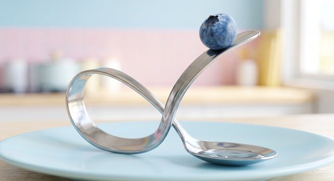 Creative spoon blueberry waterslide concept modern food photography isolated pastel studio background
