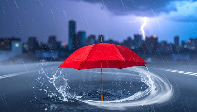 Red umbrella in heavy rainstorm with lightning strike over dark cityscape umbrella lightning protection background