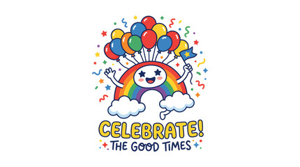 Naklejka premium Happy Cartoon Rainbow Character Celebrating with Colorful Balloons and Confetti.