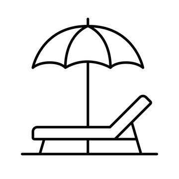 Beach umbrella and deckchair line icon. Summer vacation resort lounge and sunbed vector outline symbol.