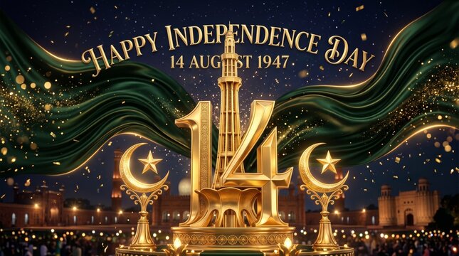 Happy Pakistan Independence Day 14 August 1947 3D Golden Minar-e-Pakistan Crescent Lahore Fort Banner