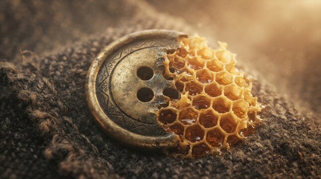 Vintage brass button covered in honeycomb on wool fabric