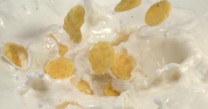 Corn flakes falling into milk with splash in super slow motion 1000 fps