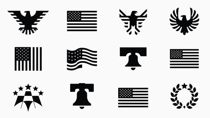 Modern minimalist patriotic symbols collection featuring eagle flags liberty bell wreath stars with icons with high contrast black white collection twelve minimalist icons © Pronab