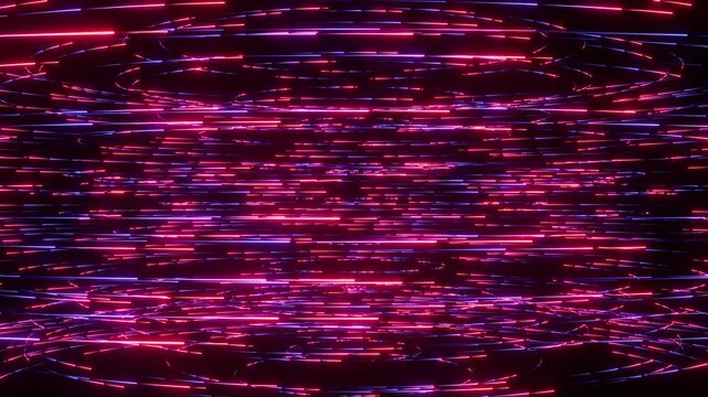 Dynamic seamless loop animation of neon red and blue light lines flowing left to right, abstract cyber gaming cylinder wave plexus backdrop 3d render