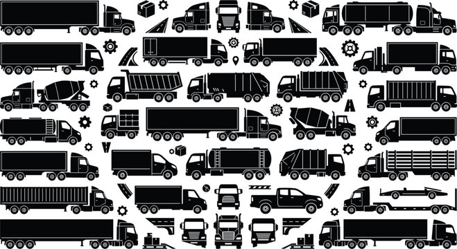 Commercial trucks and logistics vehicle vector icons set featuring cargo semi trailers delivery vans and construction silhouette graphics