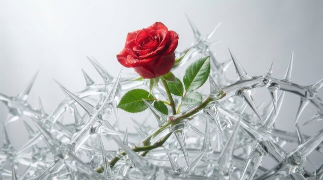 Red rose surrounded by clear glass thorns